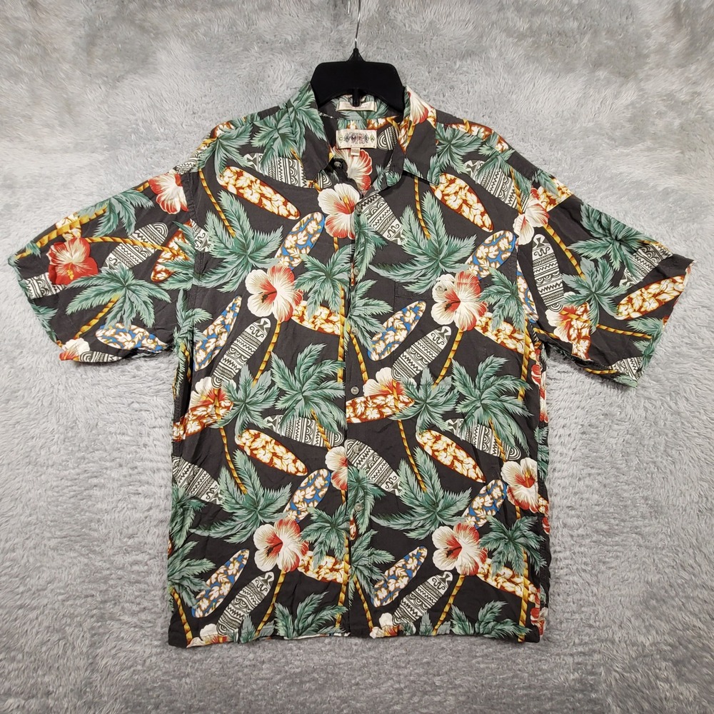 Campia Button Down Shirt Mens Large Black Tropical Surfboard Palm Tree Rayon